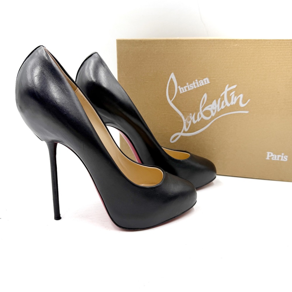 Christian Louboutin Big Stack Pumps Black Leather Heels Women Sz 40 / 10